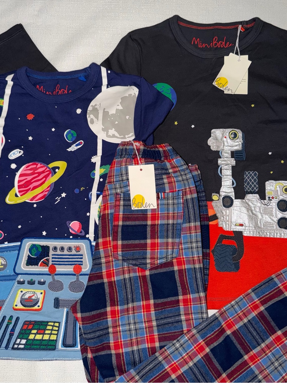 Two Mini Boden NWT Space Appliqué and Plaid Pants size 6/7Y